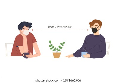 Two man wearing face mask and keep distancing sitting in coffee shop to prevent virus transmission. Concept of COVID-19 prevention, epidemic, health car, new normal lifestyle. Flat vector illustration