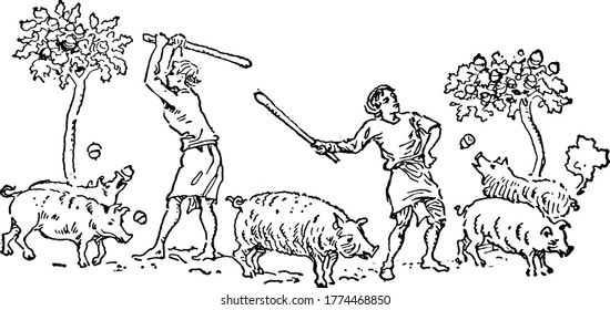 Zwei Mann stand und fütterte vier fünf Schweine, Vintage-Linien-Zeichnung oder Gravur-Illustration.
