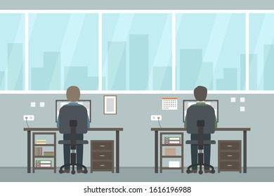 Two man working in office. Back view. Vector.