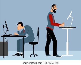 Two man working at the office on the computers, one of them using a standing desk, PS 8 vector illustration