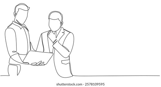 Two man working together with laptop line art style vector illustration