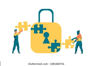 Two man working together to puzzle the lock for secure the data. Teamwork guard vector concept illustration.