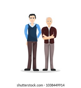 Two Man Young Senior Full Length, Cartoon Male Isolated On White Background Flat Vector Illustration