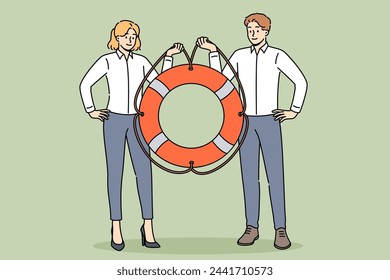 Two managers are holding lifeline offering business help and support or crisis management services. Man and woman working in corporation are ready to provide support to new employees