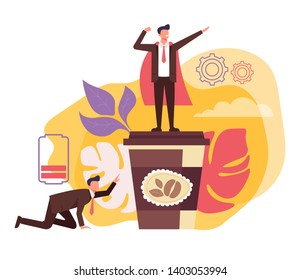 Two managers office workers tired and full of energy. Morning coffee break concept. Vector flat graphic design isolated illustration