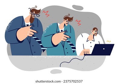 Two managers point to employee performing work, symbolizing managerial manipulation in corporation. Unhappy office worker doing work on laptops under supervision of unprofessional bosses