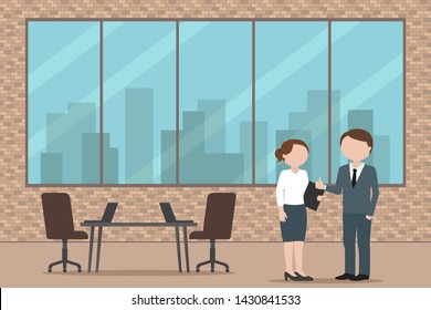 Two managers talking to each other in office. Vector illustration.