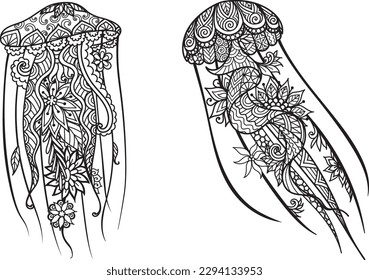 Zwei Mandala-Quallen zum Färben von Seiten, Paperschnitt, Laserschnitt usw. Vektorgrafik.