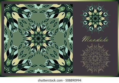 Two mandalas and seamless pattern with it in beautiful colors. Vector collection for your design
