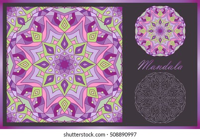 Two mandalas and seamless pattern with it in beautiful colors. Vector collection for your design