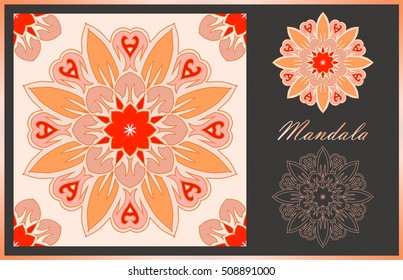 Two mandalas and seamless pattern with it in beautiful colors. Vector collection for your design