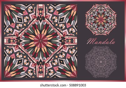 Two mandalas and seamless pattern with it in beautiful colors. Vector collection for your design