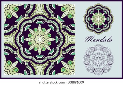 Two mandalas and seamless pattern with it in beautiful colors. Vector collection for your design
