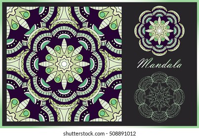 Two mandalas and seamless pattern with it in beautiful colors. Vector collection for your design