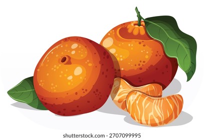 Dos naranjas mandarinas Dekopon y mandarina con follaje y cuñas individuales peladas, atractivo gráfico para la promoción mundial de la comercialización, la salud y la temporada