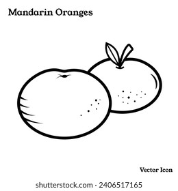 Two mandarin oranges plant fruit vector icon illustration outline isolated on plain white background. Lunar chinese new year themed monochrome black and white cartoon styled drawing.