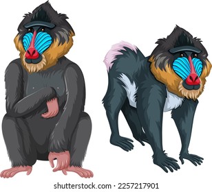 Two mandrills isolated on white background illustration