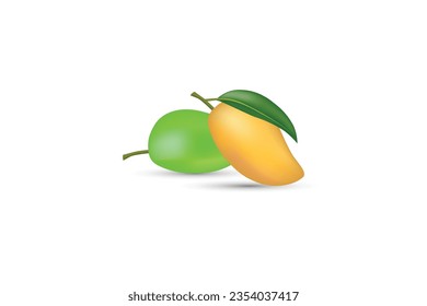 Two mangoes are placed on the ground, one is green and the other is yellow-orange. Both fruits have green leaves attached to their tops, which adds freshness and naturalness.