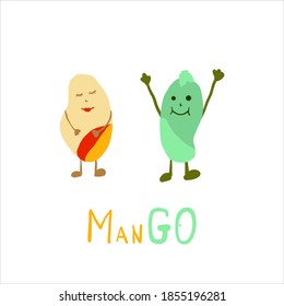 Zwei Mangos, HE und SHE mit handgezeichnet Text Mango. Mango-Zeichen Konzept bunter flacher Vektorgrafik 