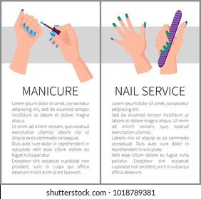 Two manicure and nail services colorful banners, vector illustration with four women`s hands with cute nail varnish, white backdrop, working tools