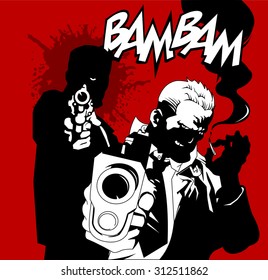 two mans in black suits with a weapon, vector, illustration