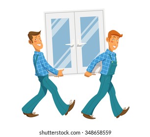 Two mans carry window. vector illustration. Isolated on white background. Transparent objects used for lights and shadows drawing.