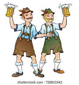 Two mans characters octoberfest with beer; RGB EPS 10 vector illustration