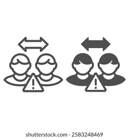 Two mans distance line and solid icon, social distancing concept. Vector graphics. Arrow warning virus close sign on white background, outline style icon for mobile or web design