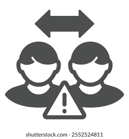 Dois homens distância ícone sólido, conceito de distanciamento social. Gráficos vetoriais. Sinal de fechamento do vírus de aviso de seta no plano de fundo branco, ícone de estilo de glifo para design móvel ou web