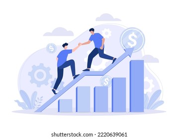Two mans, goal focused, increase motivation, way to achieve the goal, support and teamwork, help in overcoming obstacles, teamwork. Modern vector flat illustration