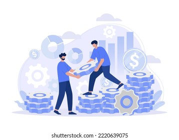 Two mans, goal focused, increase motivation, way to achieve the goal, support and teamwork, help in overcoming obstacles, teamwork. Modern vector flat illustration