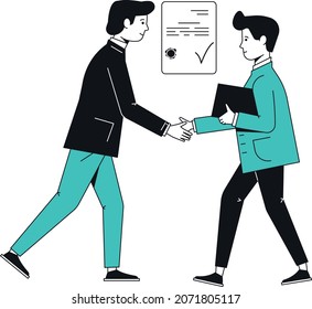 Two mans shaking hands after signing contract. Closed deal concept