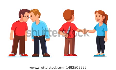 Two mans standing clashing colliding heads in fight. Interpersonal relationship conflicts. Lies and deceit of dishonest person or insincere crooked con man. Flat vector character illustration set