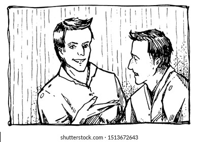 Two mans talking. Hand drawn ink illustration. Two men speaking.