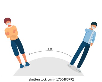  Two mans  wearing surgical or medical face mask keep distance for 2 centimeters, social distancing concept, health protection concept,cover mouth to prevent virus, pollution, vector illustration.