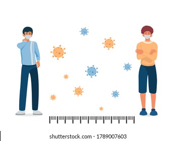 Dos hombres con mascarilla quirúrgica o médica mantienen la distancia por 2 centímetros o 6 pies con fondo de coronavirus, concepto de distanciamiento social, ilustración vectorial.