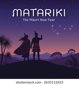 Two Maori people stand on a hill, gazing up at the Matariki stars in the colorful night sky.
