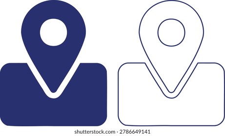 Two map location pin icons one solid blue and one outlined on a map graphic illustration recolor