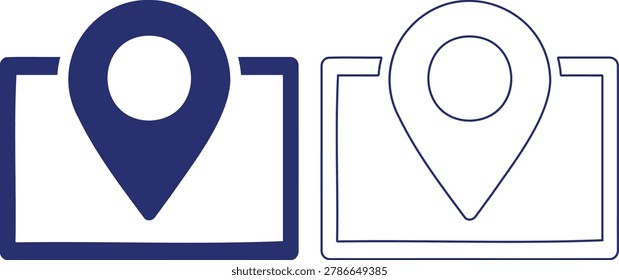 Two map location pin icons with a map background one solid blue and one outlined illustration recolor