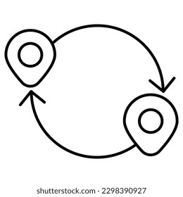 Two map markers connected by circular arrows. Simple outline vector icon of round trip, delivery optimization, etc. Pictogram with black thin lines isolated on transparent. Line thickness editable
