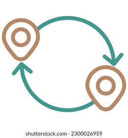 Two map pins connected by circular arrows. Simple colored blue-brown vector icon of round trip, delivery optimization, etc. Modern minimal bicolor linear sign isolated on transparent background