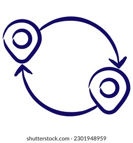 Two map pins connected by circular arrows. Simple contour vector icon of the round trip, delivery optimization, etc., hand-drawn with blue brush. Minimal monochrome linear pictogram isolated