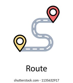 
Two map pins on a line path is icon of start and end journey of road route 
