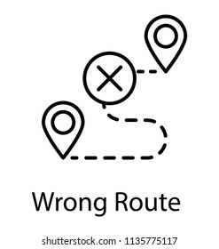 
Two map pins on a line path is icon of start and end journey of road route with cross sign 
