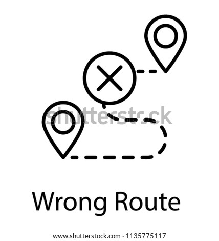 
Two map pins on a line path is icon of start and end journey of road route with cross sign 
