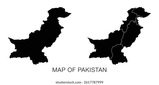 Two maps of Pakistan: one with provinces and territories, one blank without borders. White flat design, isolated on white background. Detailed vector illustration Middle East.