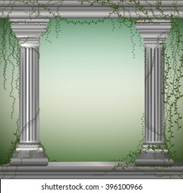 two marble columns with liana, romantic place in the antique garden,theater decoration, vector