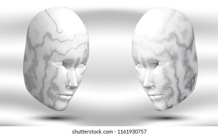 Two marble heads against each other, against a light background. Stone masks. Carnival inventory. Vector illustration