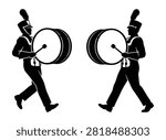 Two marching band drummers playing bass drums in a parade