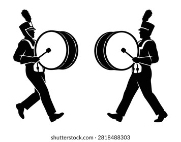 Two marching band drummers playing bass drums in a parade